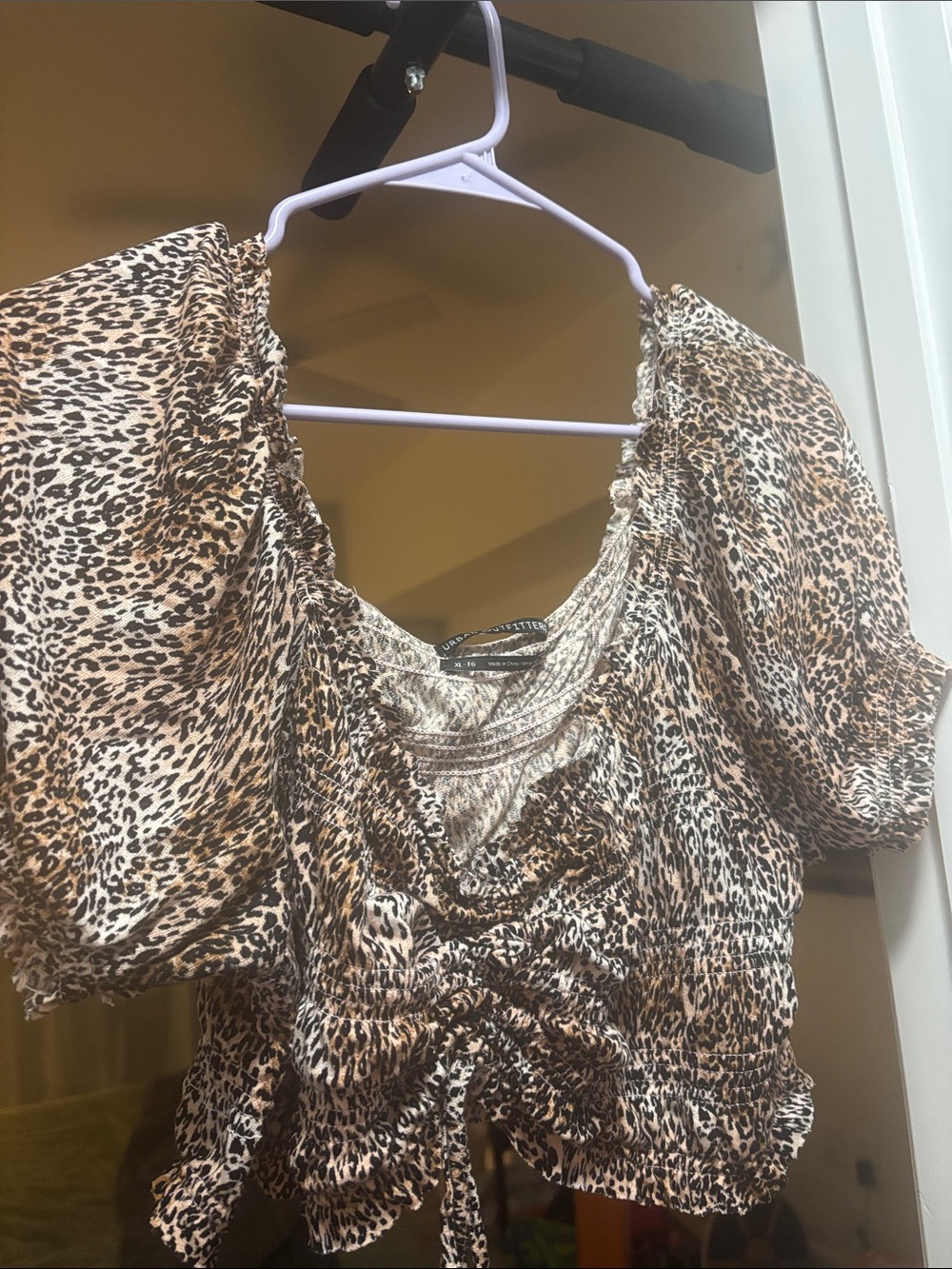 Urban Outfitters Leopard-Print Puff Sleeve Crop Top - Brown/Tan